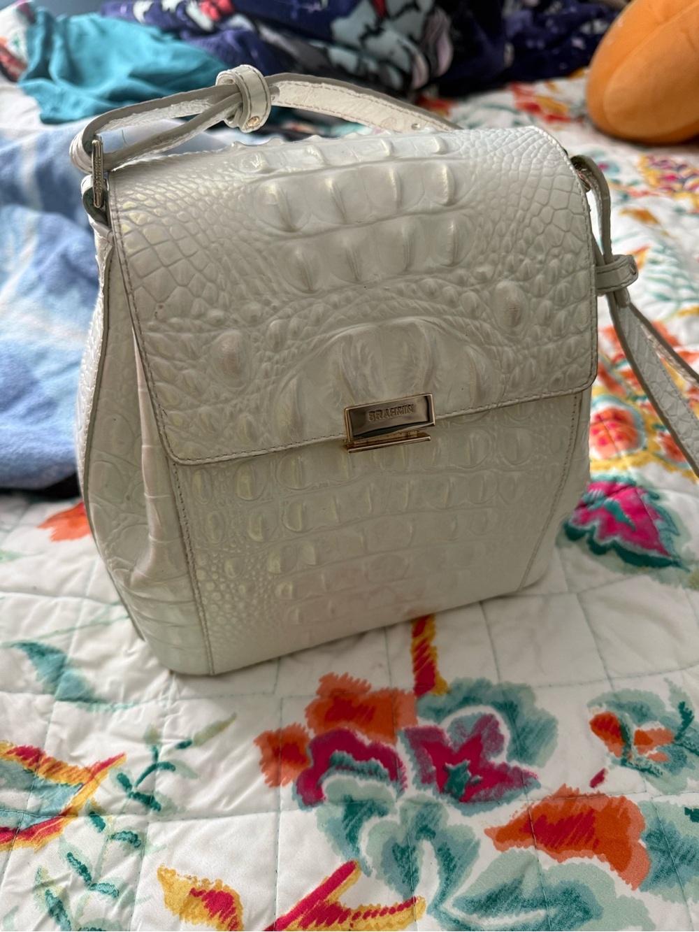 Brahmin Cream Croc-Embossed Leather Crossbody Bag